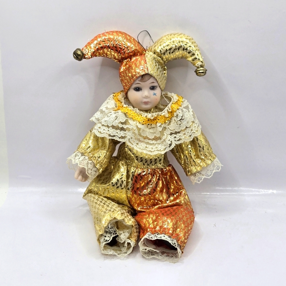 Vintage Mardi Gras Baby Jester Ceramic Clown Collectible Doll Gold Outfit 9" L